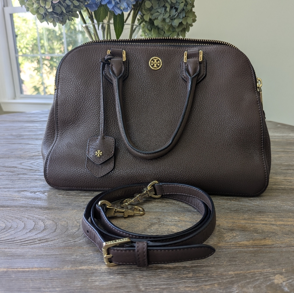 Tory Burch Robinson Triple Zip Satchel in Pebble Leather Dark Brown/Grey